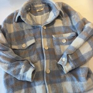 Mable Plaid‎ Flannel Shirt Jacket Blue White Tan Oversized Cozy Layering